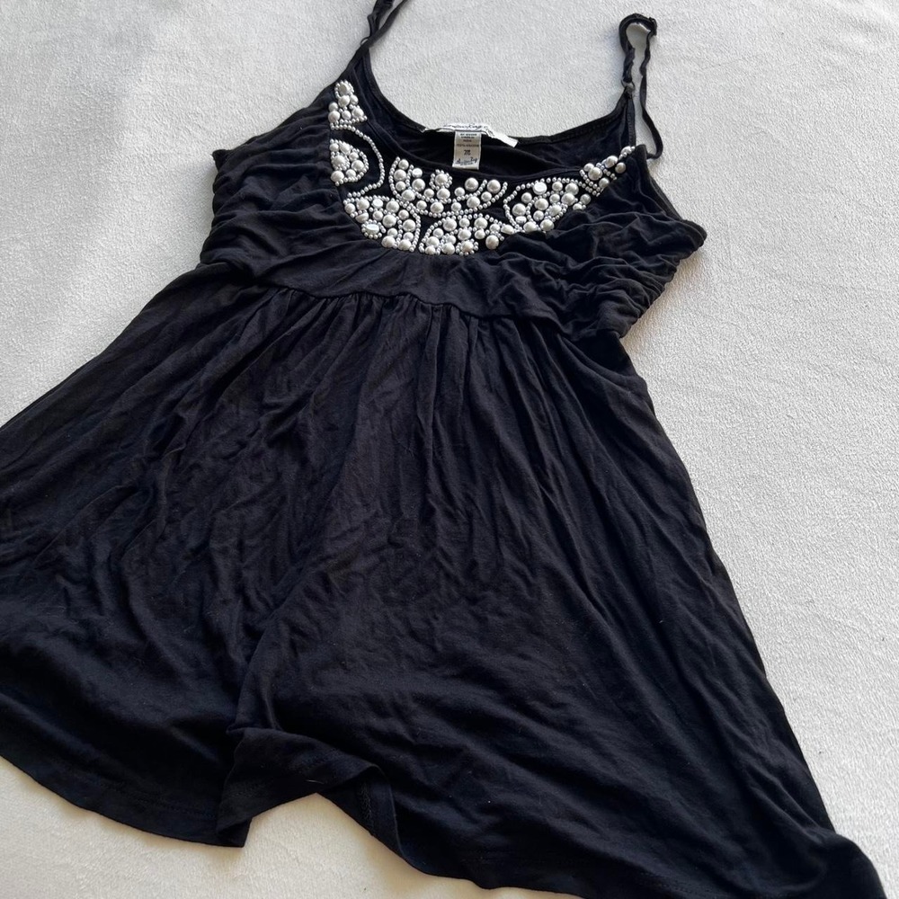 American Rag Black Babydoll Blouse Top Pearl Beaded Design Country Western FLowy